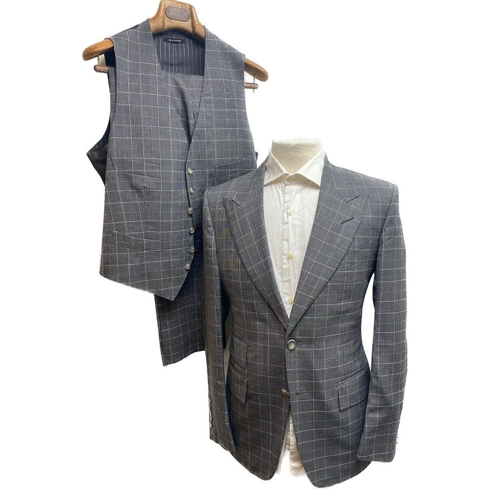 100% Auth NEW Tom Ford 3 Piece Grey White and Black Check Suit Size 46R 36R $6k